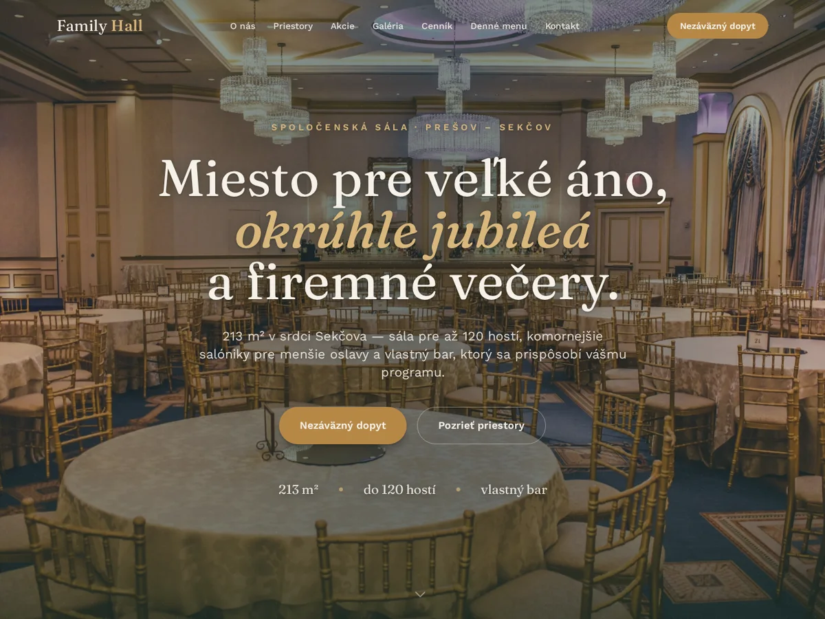 Web spoločenskej sály Family Hall Prešov — hero sekcia