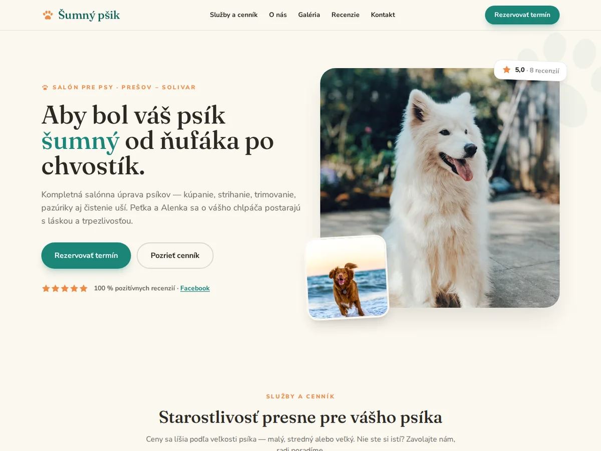 Web salónu pre psy Šumný pšik — hero sekcia s rezerváciou termínu